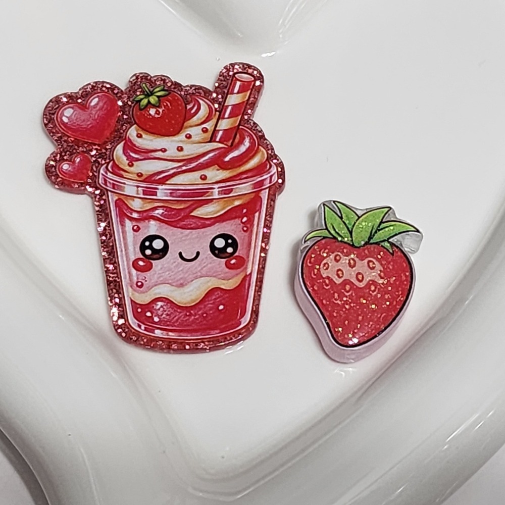 Strawberry Shake Kawaii Flatback Focal Bead Keychain Beaded Badge Phone Chain